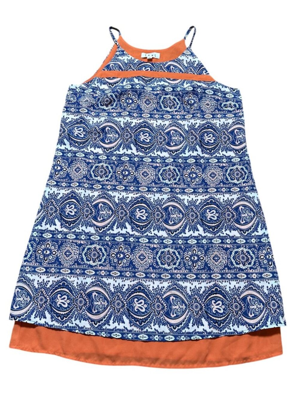 THML Women Medium Boho Paisley Tank Dress Blue Orange Sleeveless Swing Tunic - Picture 2 of 6